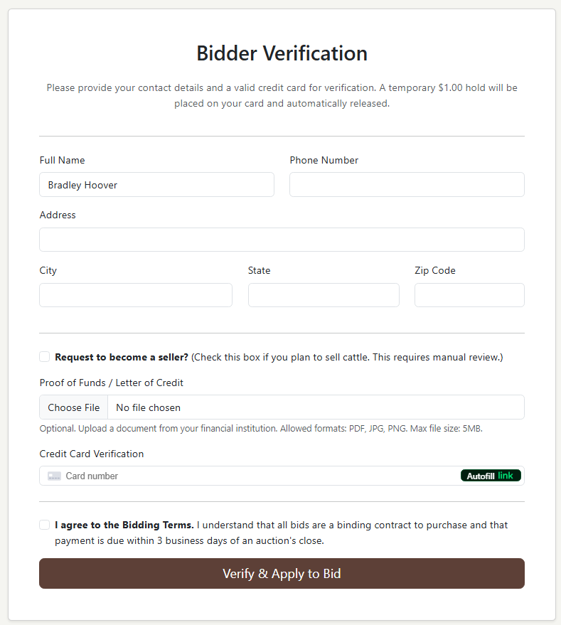 Screenshot of the user bid authorization form