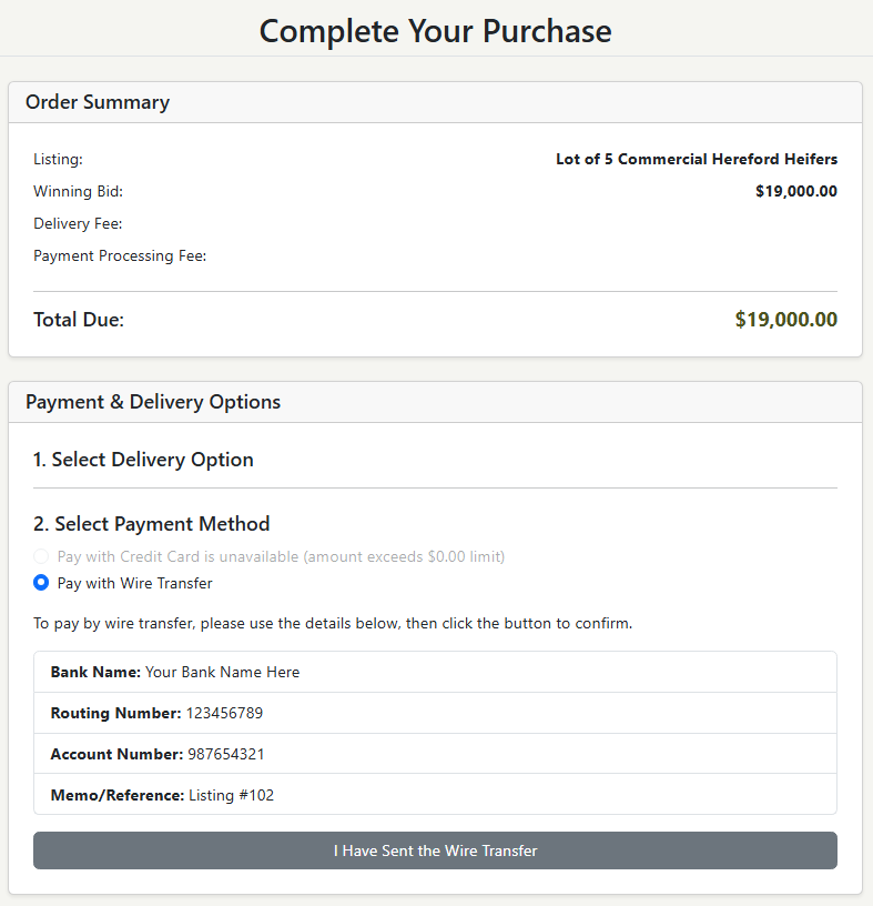 Screenshot of the checkout form