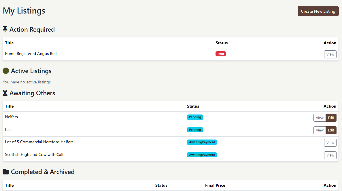 Screenshot of a sellers listings within the system based on status.